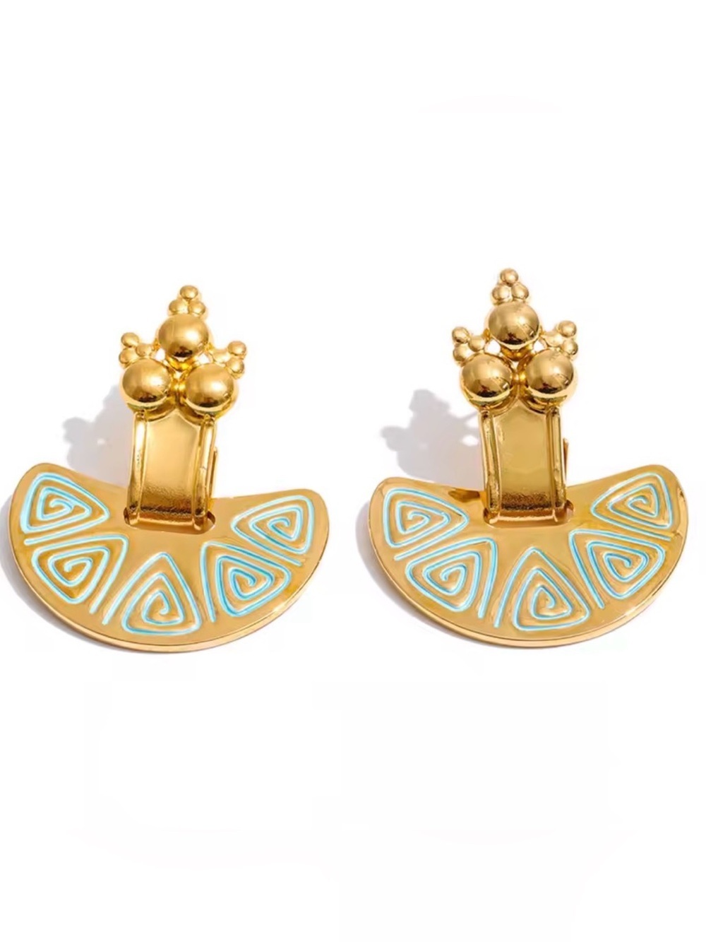Vintage Art Deco Fan Earrings Gold Tone Turquoise Enamel Geometric Drops